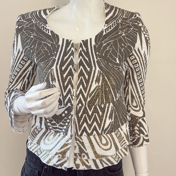 Vintage Just Cavalli Gold, Black & White 3/4 Sleeve Jacket w Ruffle Hem & Cuffs - Picture 1 of 10